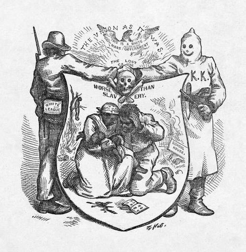 "The Union as it Was" This 1874 political cartoon from Harper's Weekly depicts the cooperation Klan members and White Leagers as they used violence to reverse the gains African Americans had made with the end of slavery.