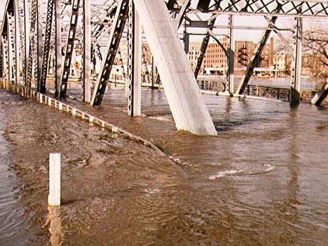 The Sorlie Bridge connecting Grand Forks and East Grand Forks became submerged on April 17