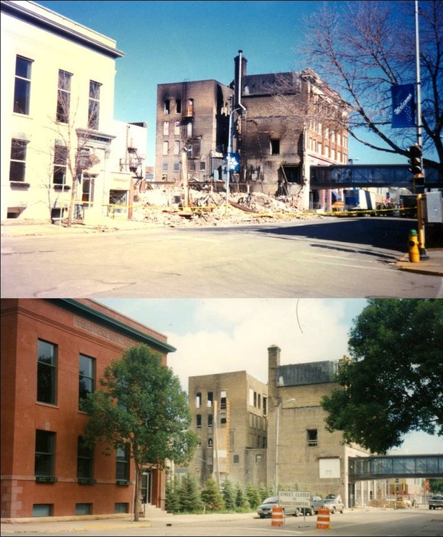 A before and after view of a building that caught fire in downtown Grand Forks during the 1997 Red River flood.