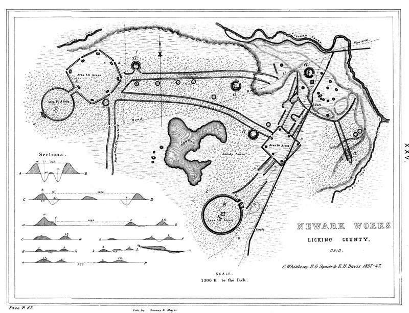 This map shows the extensive mound system in Newark as it originally appeared. Although many have since been destroyed, the Great Circle Mound and Octagon Mound still survive.