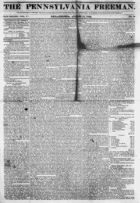 An expert from The Pennsylvania Freeman, written by James Mott August 17, 1848. The Pennsylvania Freeman was a paper published by the Pennsylvania Anti-Slavery Society, where James Mott was an active member. In this clipping there is an outline about the societies eleventh annual meeting with topic points including: the lack of progress in political circles, mentioning that the elected president was a slaveholder. 