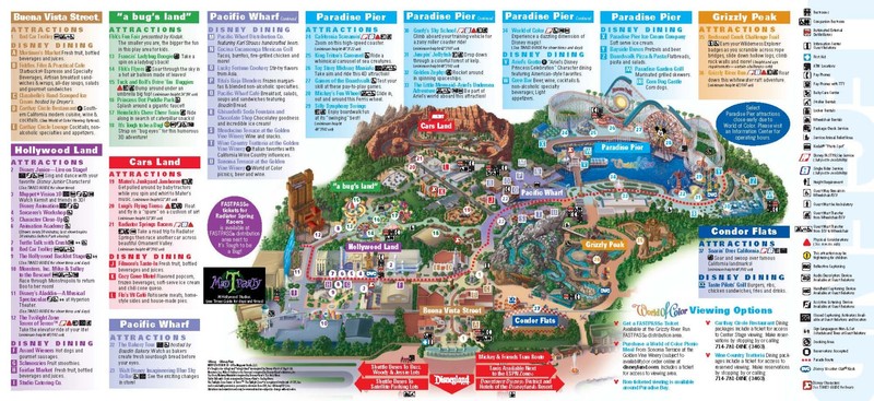 Here is a picture of the park map, which shows each specific attraction, landmark, and also includes important places you may need to visit when visiting the park.
Picture found from https://thrillz.co/themeparks/item/disney-california-adventure