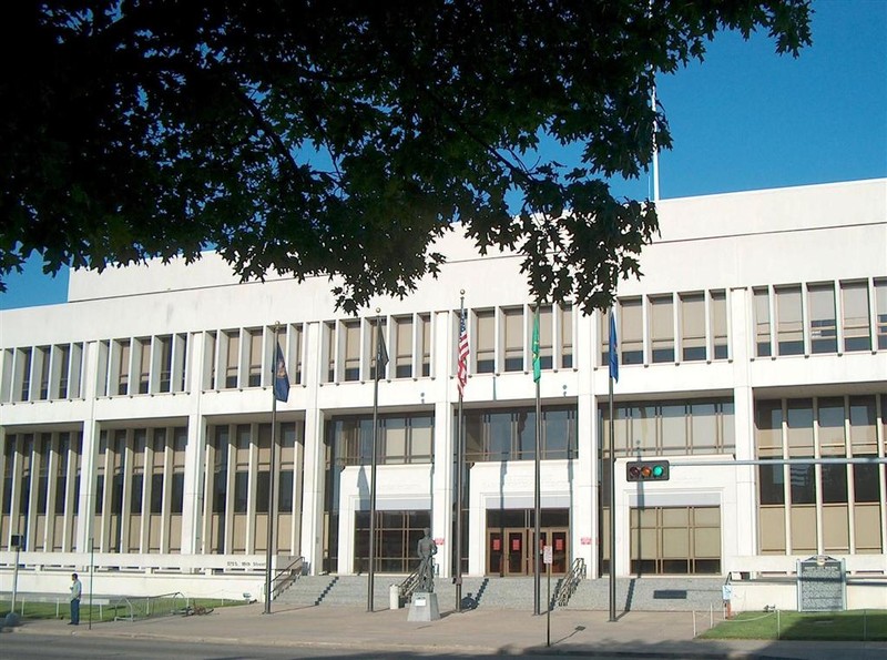 The City-County building constructed in 1969. The historical marker is on the bottom right