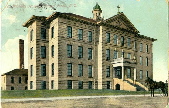 Undated colored postcard of St. Michael's Hospital