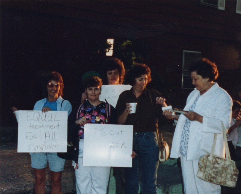 Corbin Ltd. Machine Operators Mae Adkins, Betty Simpkins, Nancy Lewis, Linda Collins, Myrtle Watson on strike at Vernon St. Factory, Huntington, WV, 1991