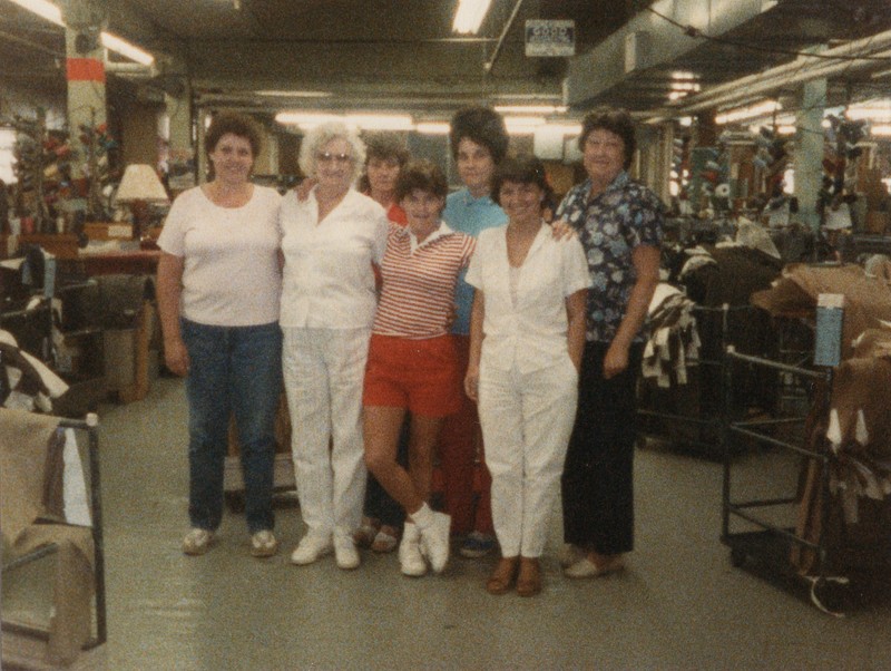 Corbin Ltd. Machine Operators Nancy Lewis, Ruth McNeeely, Lorella Cooper, Betty Simpkins, Dora Lee Bremmer, Unidentified, and Myrtle Watson, Huntington, WV