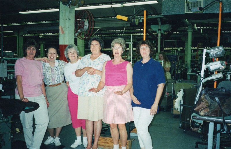 Corbin Ltd. Machine Operators Lorella Cooper, Unidentified, Unidentified, Myrtle Watson, Unidentified, and Linda Collins, Huntington, WV