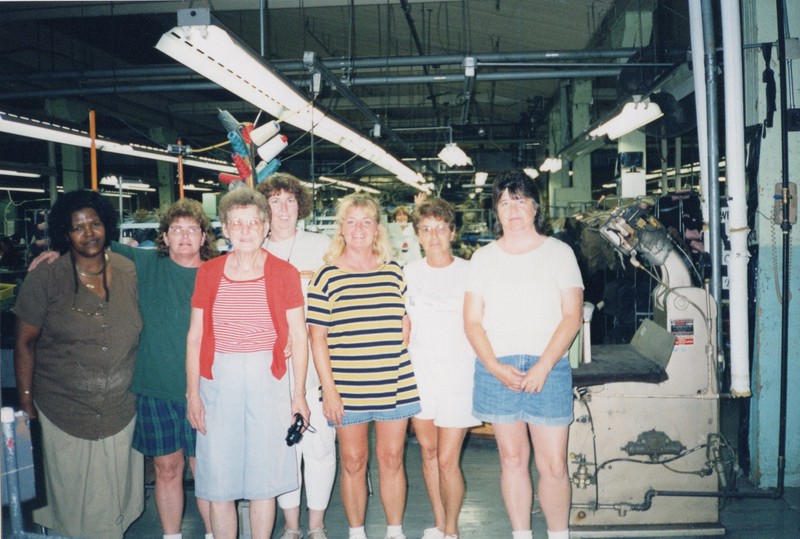 Corbin Ltd. Machine Operators Janice Frazier, Betty Simpkins, Hazel Tabor, Linda Collins, Goldie Adkins, Mae Adkins, Ella Lester on break, Huntington, WV