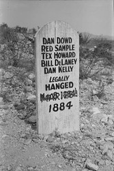 Marker of the 5 men hanged for their involvement in the Bisbee Massacre. This headstone can be found in Tombstone's Boot Hill Cemetery