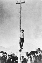 Photo of John Heath shortly after his hanging by a lynch mob in Tombstone 