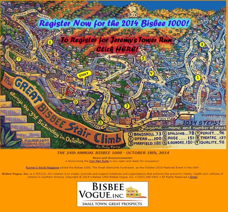 2014 ad/map of the Bisbee 1000 climb highlighting all the stairs runners need to climb