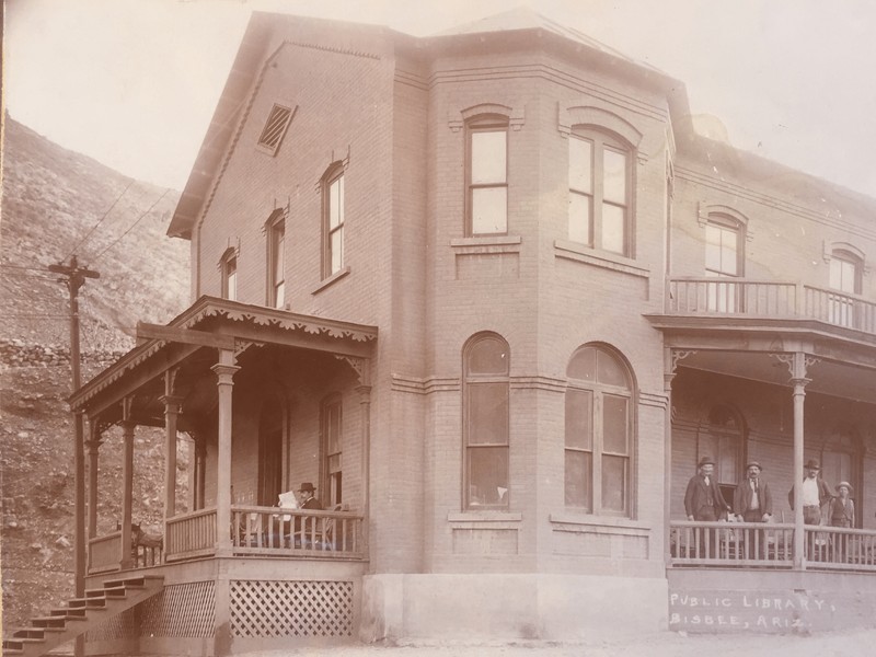 The first library of Bisbee circa 1885. It was across the street where the current one stands. This one burn done in the 1888 fire. Photo courtesty of the Bisbee Mining and Historical Museum