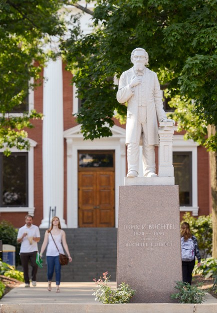 This statue honors John Buchtel and is located in front of Buchtel Hall in the center of the campus. 