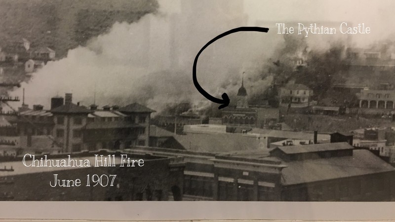 This 1907 photo centers on the Chihuahua fire that hit Bisbee. The Pythian Castle is seen in the center area. Both it and most of the city was unscathed from the fire. Courtesy of the Bisbee Mining & Historical Museum