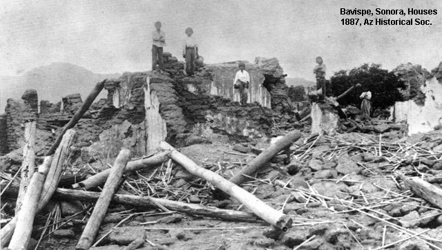 An adobe home destroyed by the 1887 earthquake just south of Douglas in Sonora, Mexico. Specifically, this was in the small Mexican town of Bavispe. Photo from AZ Historical Society. 