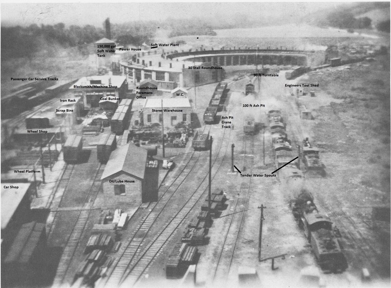 An old photo of the complex, with the roundhouse at the top