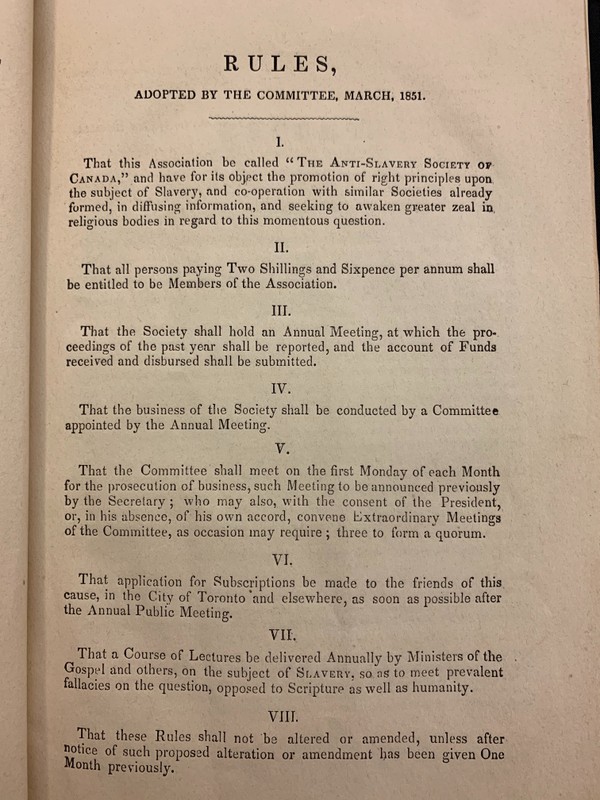 A list of rules and resolutions adopted by the Anti-Slavery Society of Canada, outlined in their annual report 