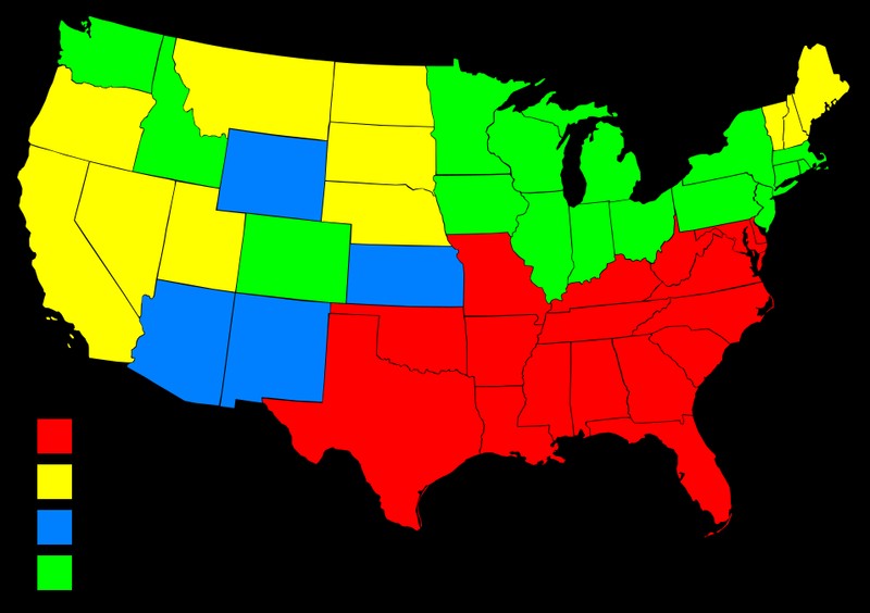 Map of stances on school segregation prior to Brown v. Board in 1954. Courtesy Wikimedia Commons. 