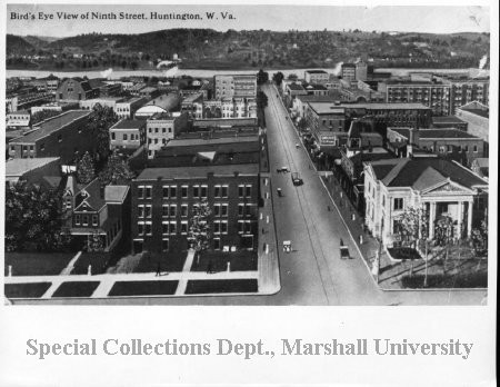 Bird's eye view of downtown Huntington circa 1910, with the library in the foreground