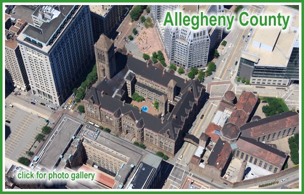 An aerial shot of the courthouse and Old Jail.