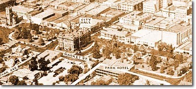 Aerial view of the Plaza circa 1930 (image from Mercury News)