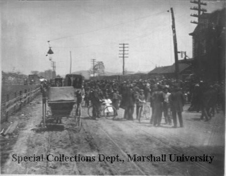 A crowd gathered at the C&O station, circa 1880s