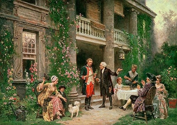 An artist's rendition of George Washington's visit to Bartram's Garden in 1787.