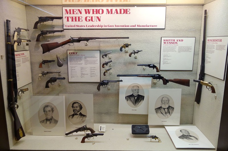 Gun display titled "Men Who Made the Gun: United States Leadership in Gun Invention and Manufacture"