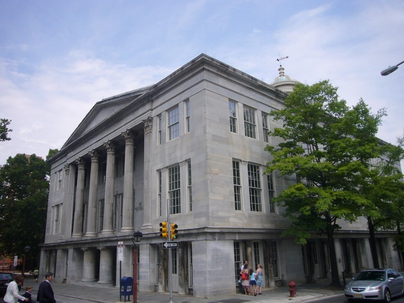 A front and side view of the Exchange Building.