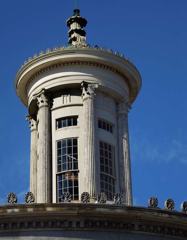 a close-up of the Exchange Building's lantern tower