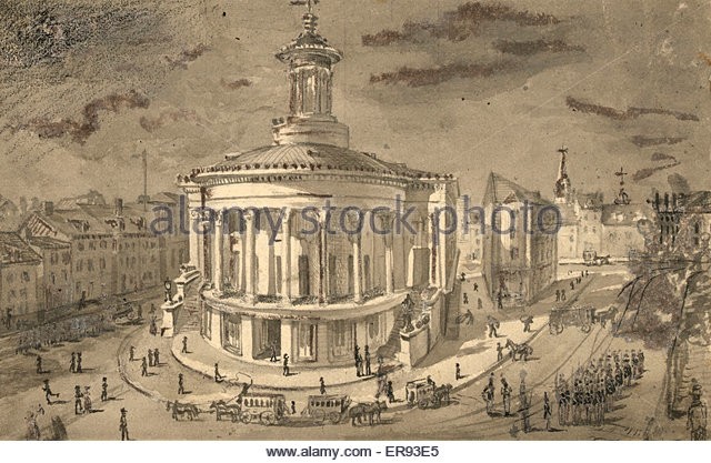A drawing of the Exchange Building during the days of the horse and carriage.