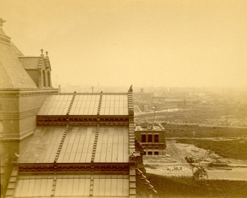 A vintage photo of the glass-roofed stacks section prior to the addition of the Duhring Wing in 1916.  