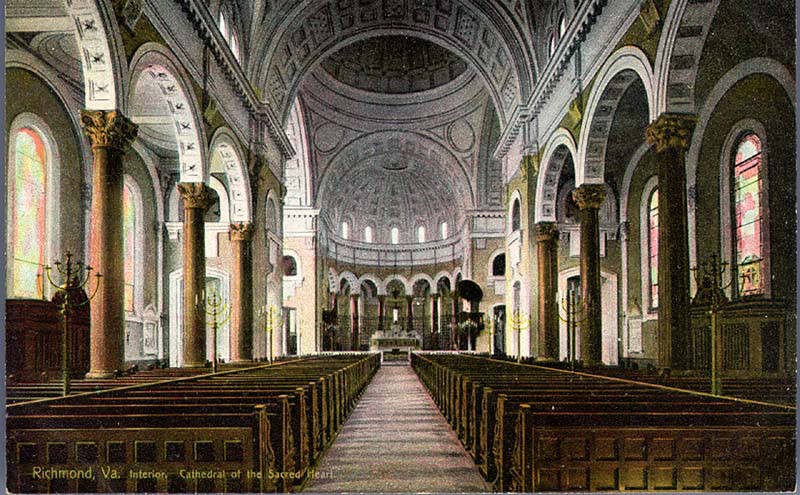 Cathedral of the Sacred Heart, Interior, Richmond, VA. Image via Flickr 2.0, CC. Source: VCU Libraries Commons - http://dig.library.vcu.edu/u?/postcard,110
