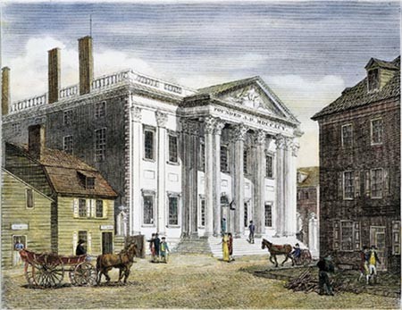 A drawing of the bank during the days of the horse and carriage.