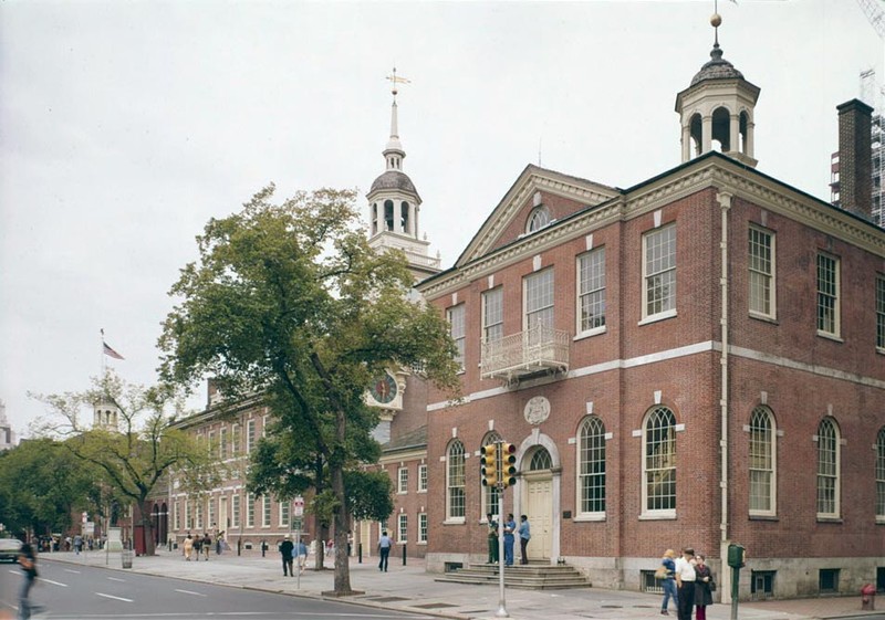Congress Hall with Independence Hall in the background.