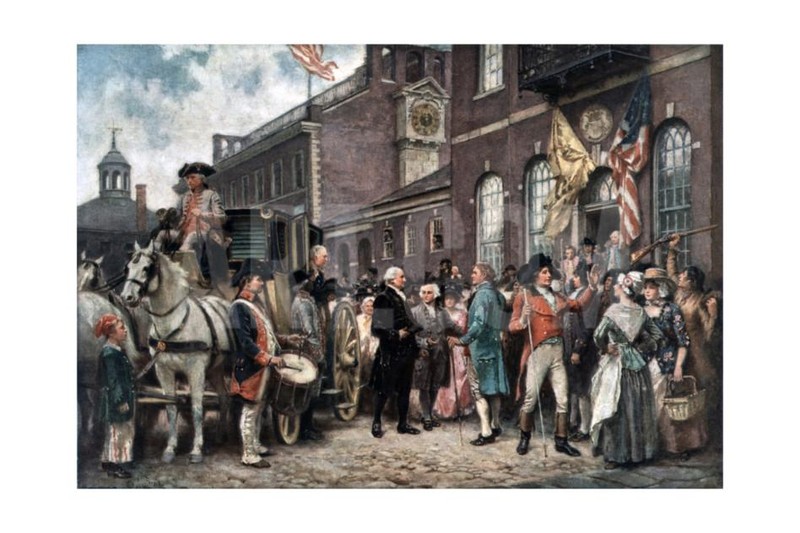 An artist's rendition of George Washington arriving for his second inauguration at Congress Hall.