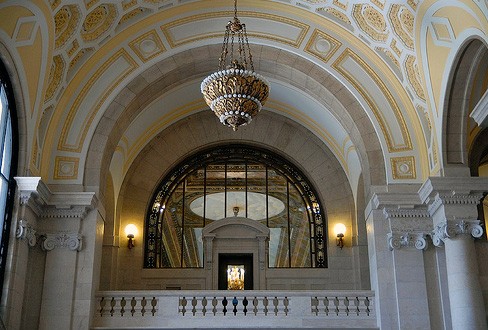 The building's barrel-vaulted ceiling is one of the few remaining original features.  