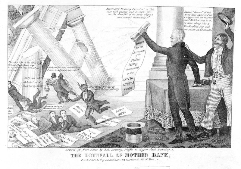 A 19th century political cartoon that references President Jackson's successful efforts to destroy the Second Bank of the United States.  