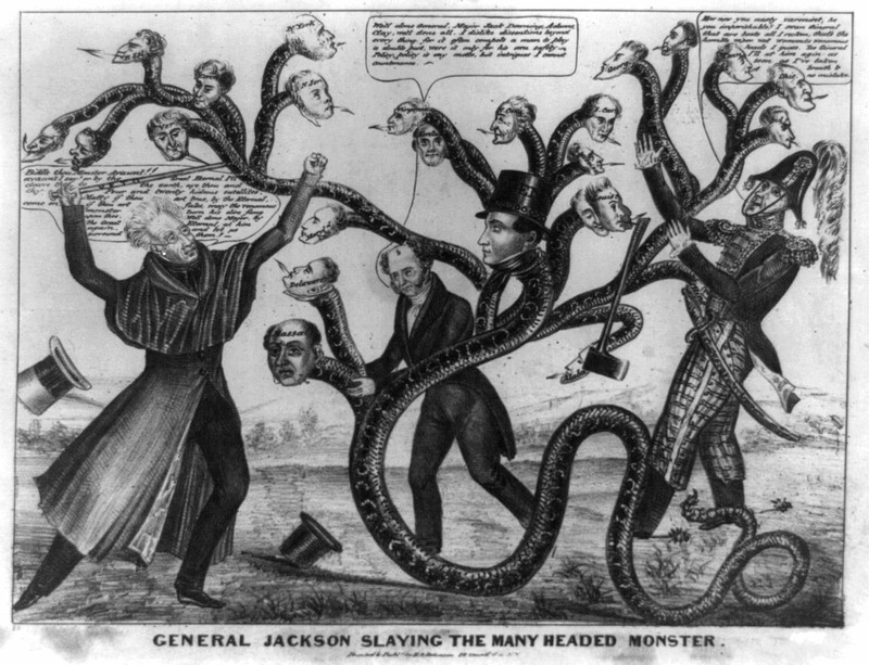 A 19th century political cartoon in which President Jackson "slays the many headed monster."  The heads represent the states who supported the bank as Jackson wields a "veto" cane.  