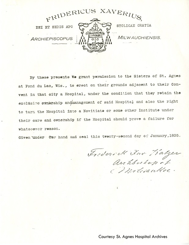 Proclamation from Archbishop Katzer approving construction of St. Agnes Hospital by Sisters of St. Agnes, 1895.