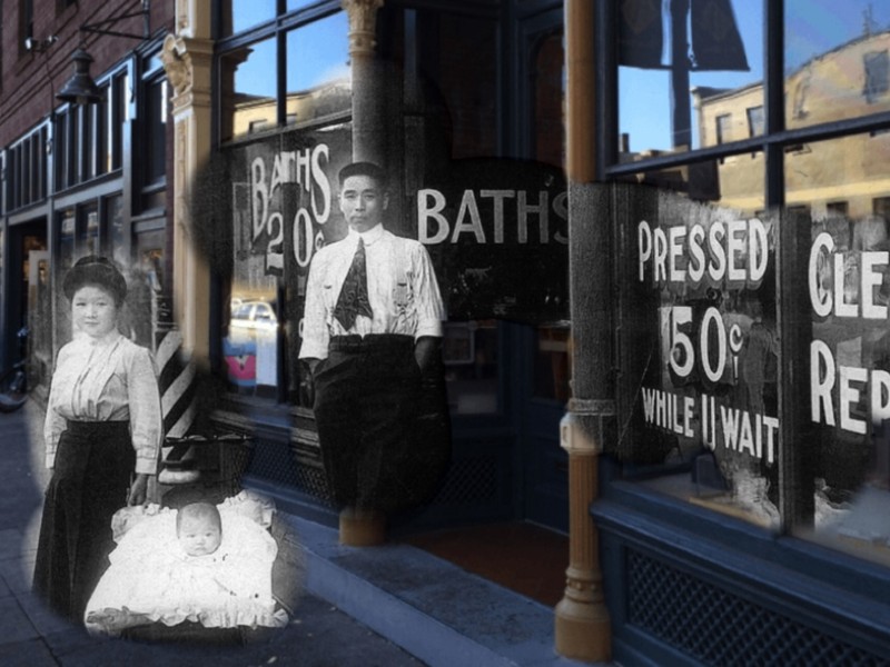 Photo montage showing front of Japantown Museum today and as it was in 1920s