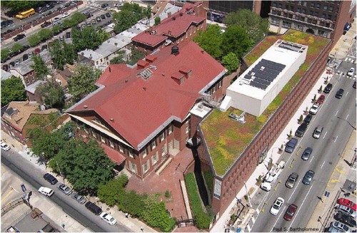 An aerial shot of the Friends Center.  The large meetinghouse is on the left and the modern edition, camouflaged by its "green" roof, sits off the right.  