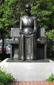 The statue of Quaker martyr,Mary Dyer, that sits on the grounds of the Friends Center.  A similar statue sits in Boston and also honors her devotion to her religious conscience.  