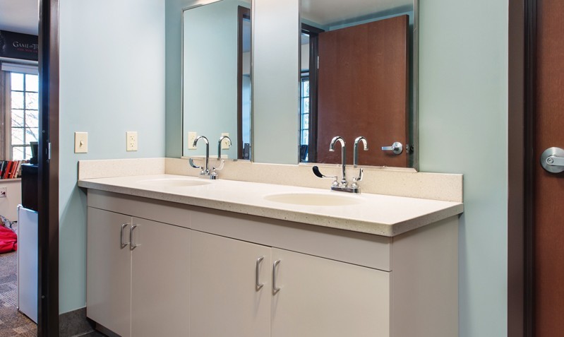 One of the suite-style bathrooms in the building's recently renovated dorms.