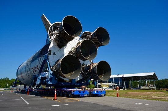 The massive Saturn V engines and a portion of the rocket itself