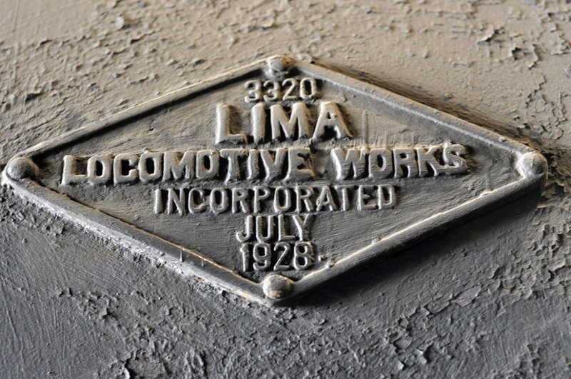 The Lima Locomotive Works builder's plate on Lima #3220, Shay Locomotive #2 at Cass Scenic Railroad State Park