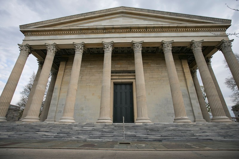 The front side of Founder's Hall with its 65-foot Corinthian columns and massive main entrance.