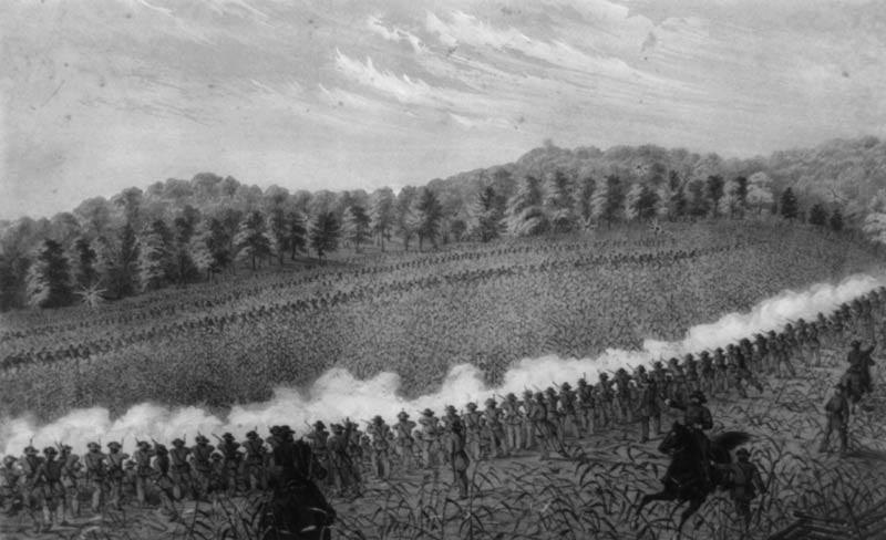 A Black and white photograph showing the Union and Confederate forces battling it out. 
