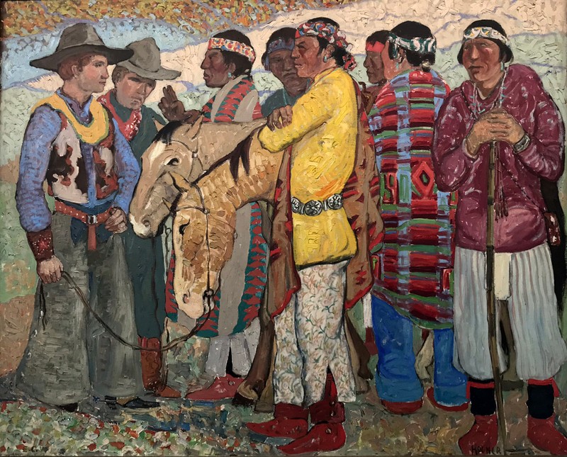 Navajo men, a cowboy, and horses