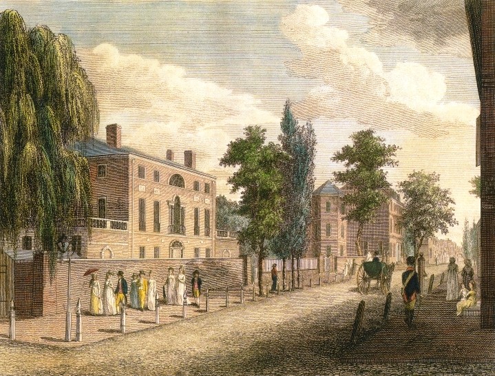 A 1799 painting of 3rd Street by William Birch that includes the Powel House (center right) with its 3-story half-turret.  